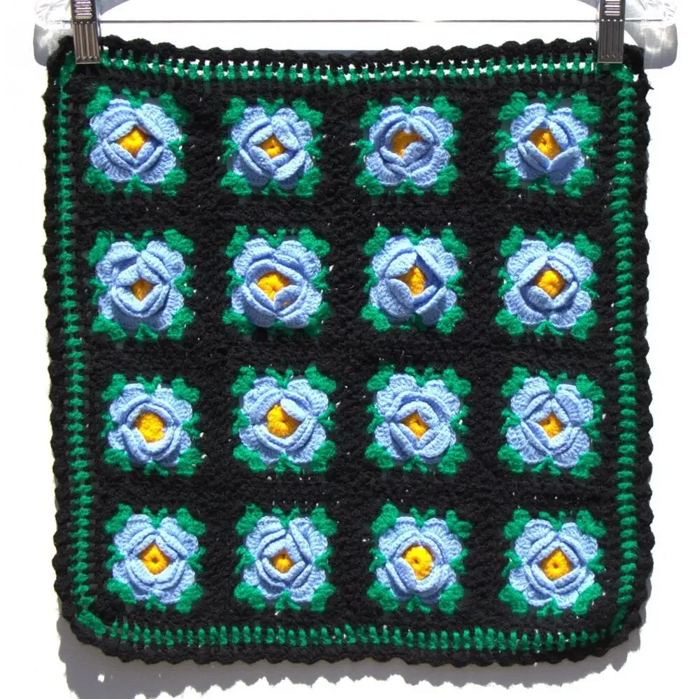 Handmade Crochet 3D Floral Table Mats Set Black Blue Green Vintage Style Doilies
